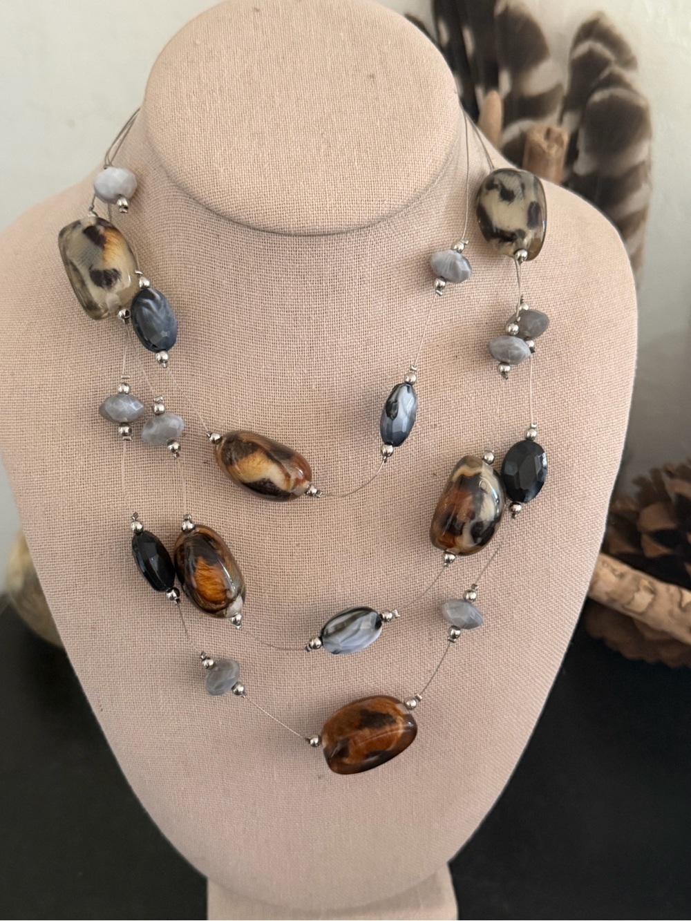 Vintage Brown & Gray Multi-Strand Floating Glass Beads Beaded Necklace